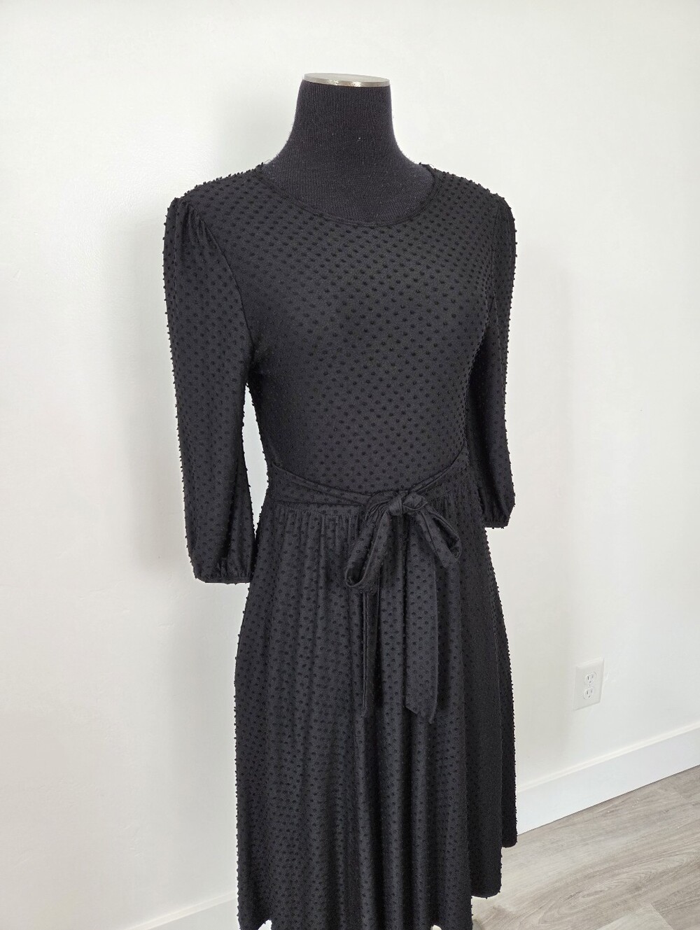 Black Swiss Dot Midi Dress Modest Monochrome Preppy Teacher Church Small Reborn - Picture 2 of 10